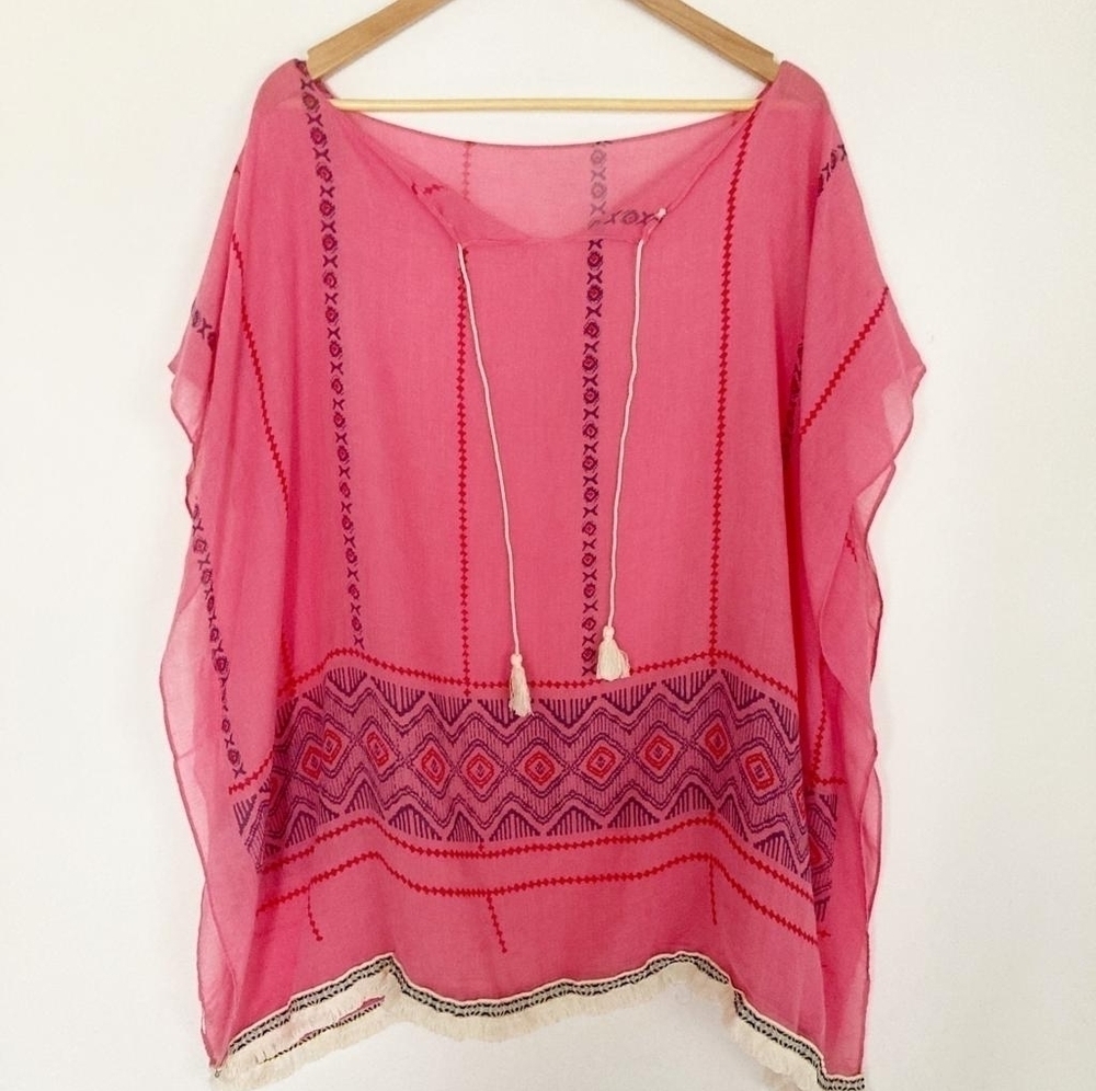 J Francis Pink Tie Tasseled Boat Neck Swim Boho Women's Cover Up One Size